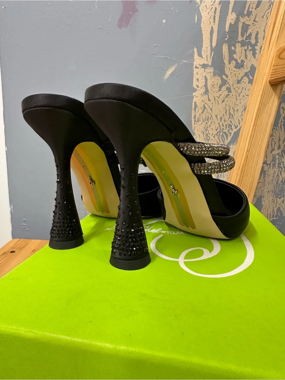 Sam Edelman Black Pointed Satin Mules with Rhinestone Double Straps